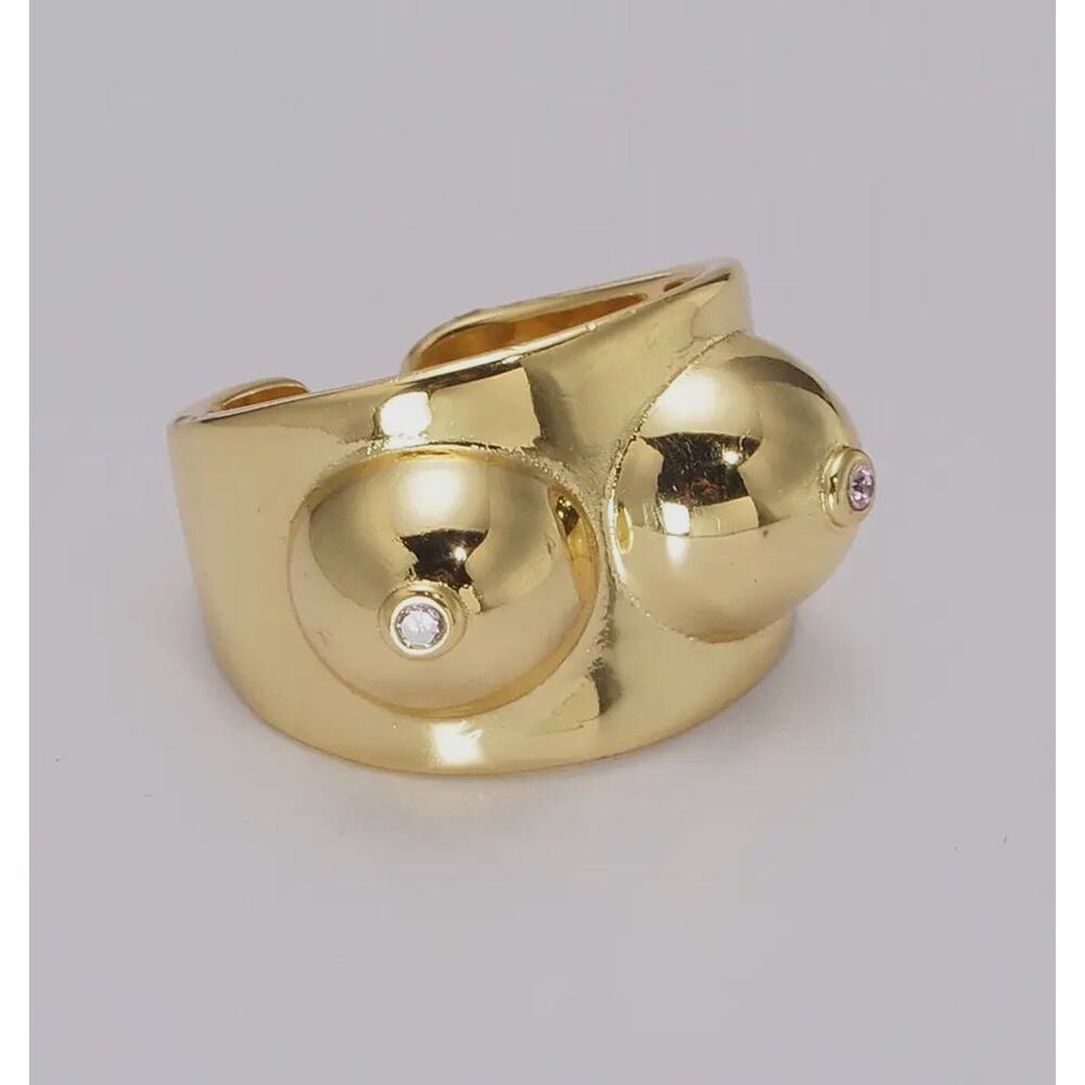 Gold Boobs Ring Novelty Breast Cancer Awareness. Or Breastfeeding Adjustable